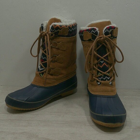Khombu Duck Nordic Fair Isle Fleece Lined Waterproof Navy Winter Snow Boots SZ 7 - Picture 1 of 13